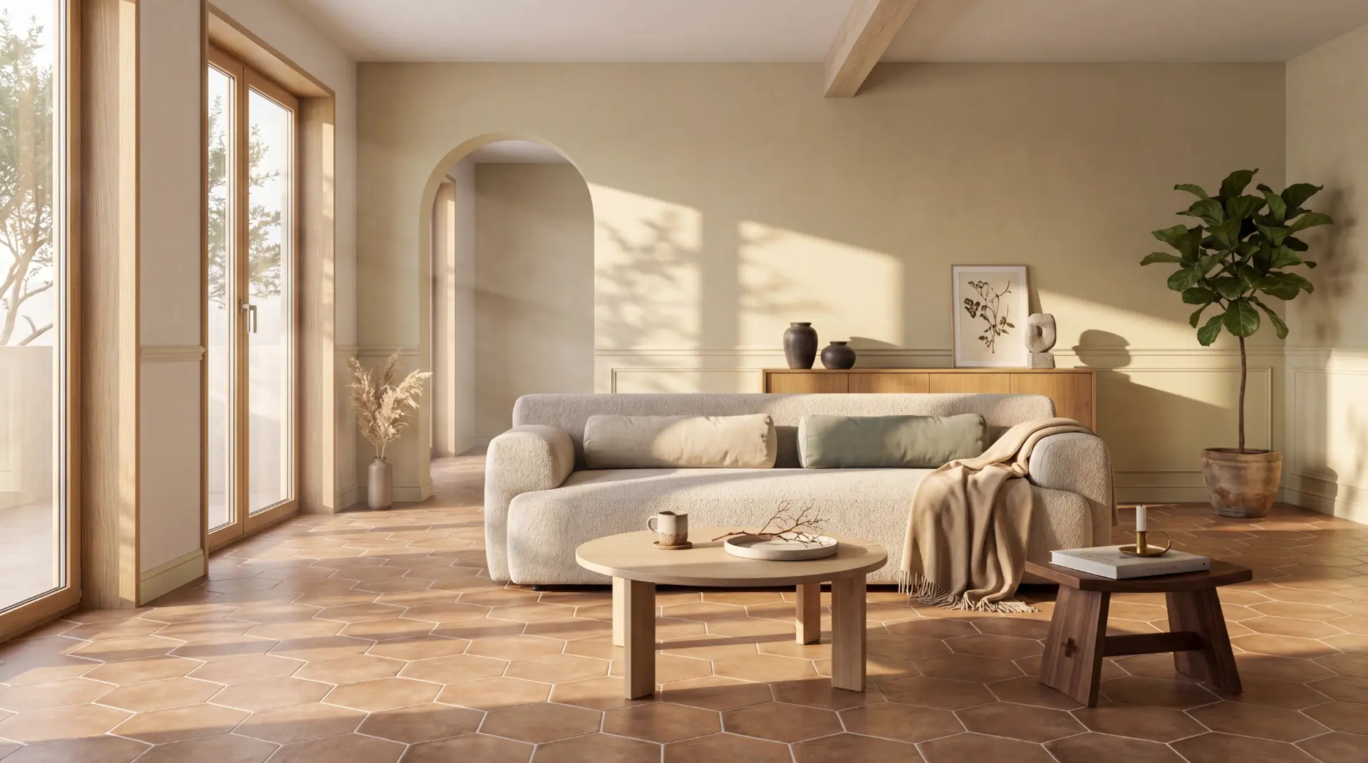 Salon lumineux aux tomettes hexagonales terre cuite, mobilier beige et cannage, lumière naturelle douce